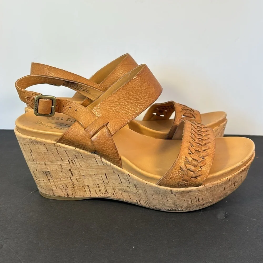 Kork-Ease Brown Leather Wedge Sandals Sz 8M Cork Platform Strappy Boho Comfort